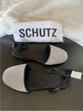 SCHUTZ Black Slingback Flats with Silver Crystal Toe